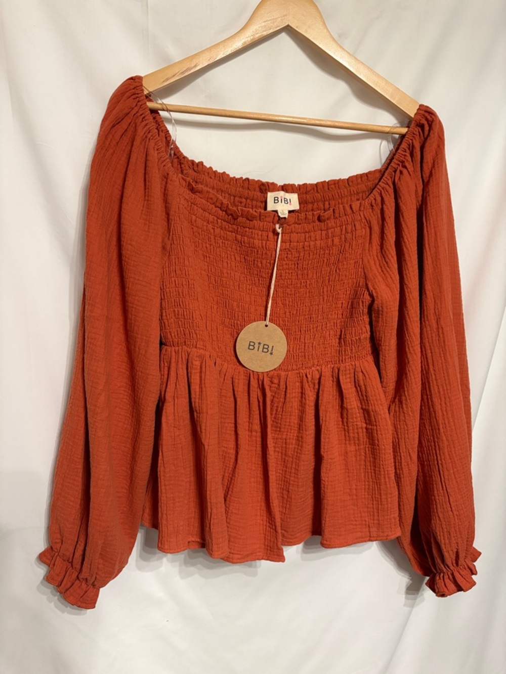 BiBi Rust Smocked Off-Shoulder Gauzy Cotton Peasant Blouse Coquette SZ L NWT